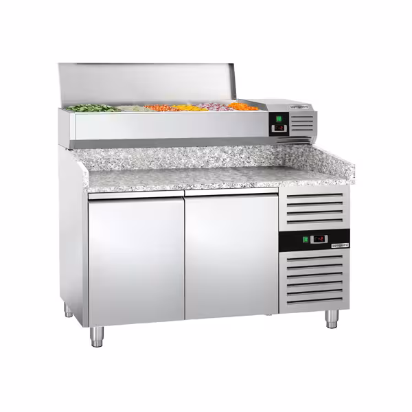 Pizzawerkbank PREMIUM - 1500x800mm - met granieten werkblad - met 2 deuren - incl. opzetkoelvitrine - 6x GN 1/3