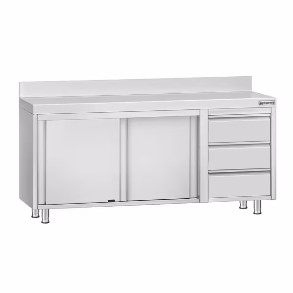 Gesloten RVS werktafel ECO - 1800x600mm - met 2 schuifdeuren, 3 laden rechts - met achteropstand