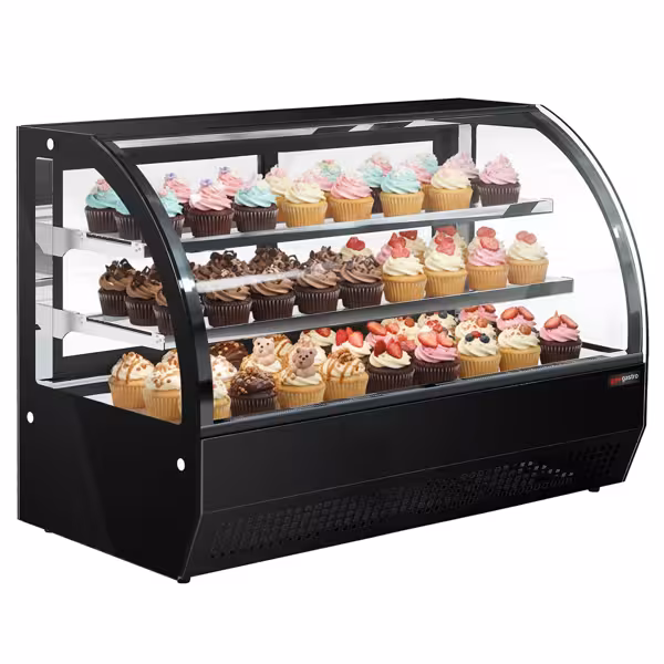 Vetrina refrigerata da banco - 140l - 900mm - Doppio vetro; 2 porte scorrevoli in vetro - vetro curvo - con 2 ripiani - LED interni; 4 lati vetro - Nero