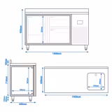 Koelwerkbank PREMIUM PLUS - 1468x600mm - inhoud 250 liter - met 1 deur(en) - met 2 lade(n) - opstand