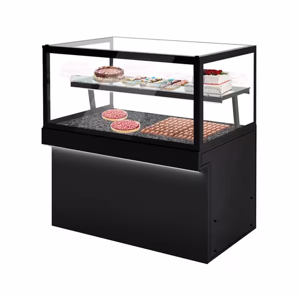 Banco pasticceria TORONTO - 1500x800mm - Colore Nero - Doppi vetri - con 2 ripiani - piano di lavoro in granito nero