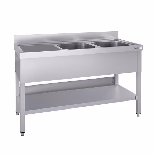 Stainless Steel Commercial Sink Unit ECO - 1600x600mm - with Double Bowl Right-hand - with Undershelf - with Upstand