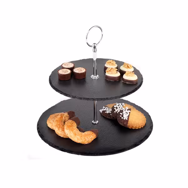 Etagère - 2-laags - rond - RVS frame - met leistenen plateaus