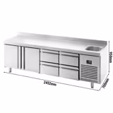 Koelwerkbank PREMIUM PLUS - 2452x700mm - 630 liter - met 2 deuren - met 4 lades - opstand