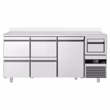 Commercial Back Bar Bottle Cooler PREMIUM - Beverage Cooling Table - 2135x600x1150mm - 570L - with 1 Solid Door & 4 Drawers, upstand & knock box for coffee - Stainless Steel