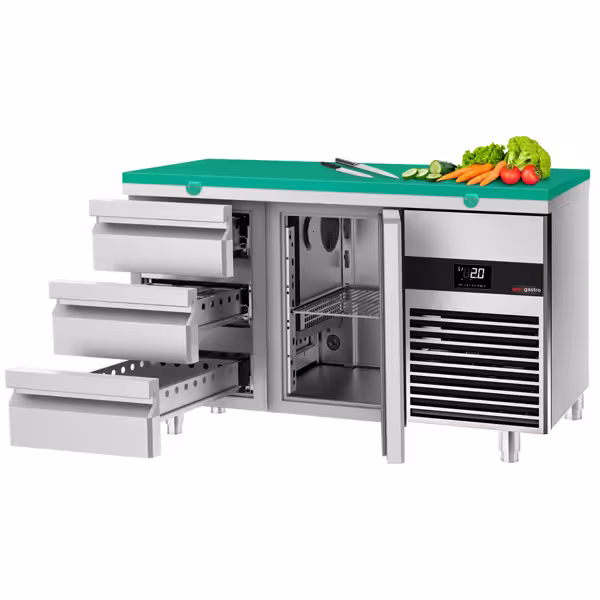 Koelwerkbank PREMIUM - 1400x700mm - met 1 deur - met 3 lades - met snijplaat groen