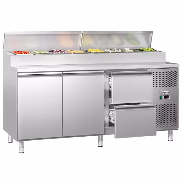 Saladette ECO - 1795x700mm - met 2-deurs & 2 laden - opzet 8x GN 1/3 - incl. 2x GN 1/1 rooster & 2 paar rvs rails
