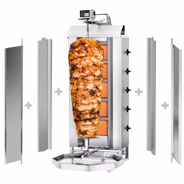 Gas Doner Kebab Grill (Shawarma/Gyros) - 5 Burner - up to 80kg - 16.25kW - Countertop - incl. 2 splash guards & 2 double doors