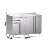 Tavolo armadiato in acciaio inox - 1600x600mm - con 4 porte a battente - con alzatina