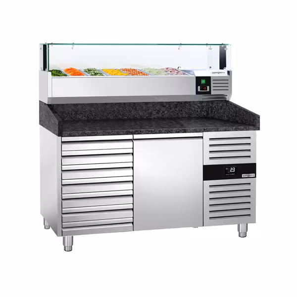 Pizzawerkbank PREMIUM - 1500x800mm - met granieten werkblad - met 1 deur & 7 laden - incl. glasvitrine LED - 7x GN 1/4