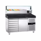 Commercial Pizza Prep Counter - Granite Top PREMIUM - 1500x800mm - with 1 doors & 7 drawers - incl. refrigerated topping unit with glass sneeze guard LED - 7x GN 1/4