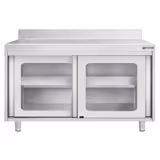 Szafka robocza ze stali nierdzewnej PREMIUM – 1200 x 600 mm – z przesuwanymi drzwiami szklanymi i krawędzią    