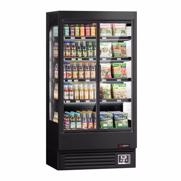 Expositor mural refrigerado - 1002mm - 440L - com 2 portas em vidro duplo & 4 prateleiras - traseira fechada - Preto