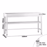 Tavolo da lavoro in acciaio inox PREMIUM - 1500x800mm - con ripiano inferiore & traversi di rinforzo