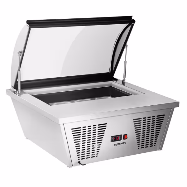 Countertop Ice Cream Display Freezer - 867mm - Static cooling - with LED lighting - for 4 x 5 litres Napoli pans - hinged glass lid