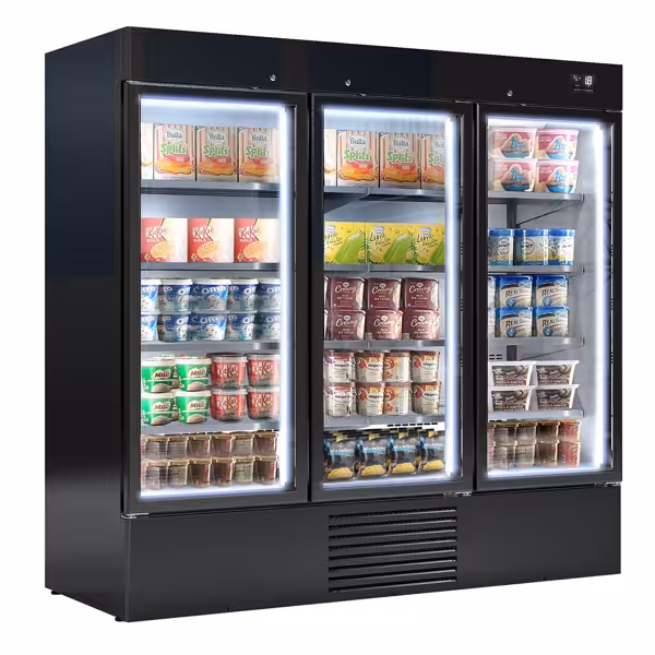 Supermercato-Espositore murale congelatore - 2081mm - 2030l - -18°/-18°C - con 3 porte a battente in vetrocamera & 8 ripiani - Nero