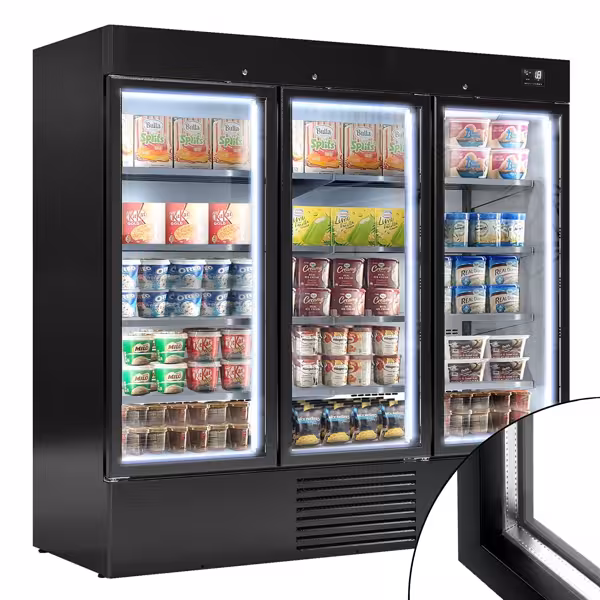 Commercial multideck display freezer - 2081mm - 2030L - with 3 hinged glass doors & 8 shelves - Black