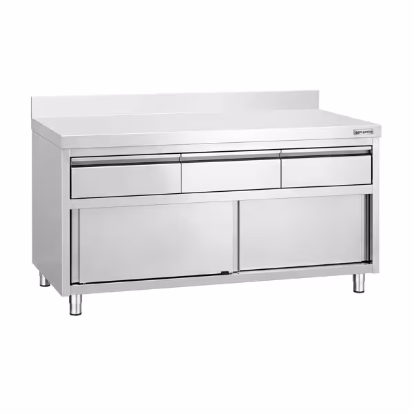 Armoire de travail en acier inoxydable PREMIUM - 1 600 x 600 mm - avec rebord - avec 3 tiroirs et une porte coulissante
