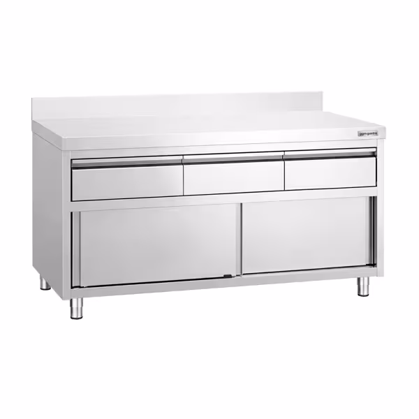Roestvrijstalen werkkast PREMIUM - 1600 x 600 mm - met opstaande rand - met 3 lades en schuifdeur