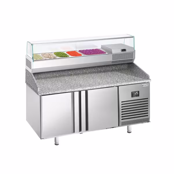 Pizzawerkbank PREMIUM PLUS - 1490x700mm - met granieten werkblad - met 2 deuren - incl. glasvitrine - 6x GN 1/4
