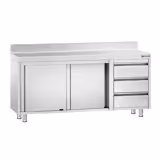 Mesa armario inox PREMIUM - 1800x600mm - con puertas correderas - con 3 cajones derecha & con peto - con estante intermedio