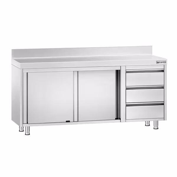 Gesloten RVS werktafel PREMIUM - 1800x600mm - met 2 schuifdeuren, 3 laden rechts - met achteropstand