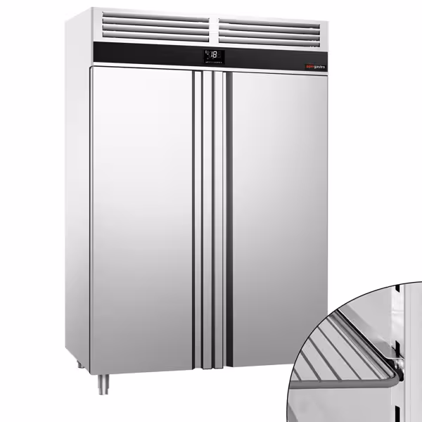Vrieskast RVS PREMIUM - GN 2/1 - 1400mm - 1400liter - tot -20°C tot -12°C - met 2 glasdeuren - geforceerde koeling, automatische ontdooiing & LED‑verlichting