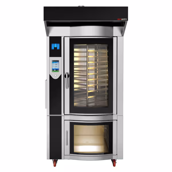 Gas Rotatie-Bakkerij heteluchtoven met stoominjectie - Touchscreen - 10x 600x400mm - incl. afzuigkap & rijskast - met wateraansluiting & stoominjectie