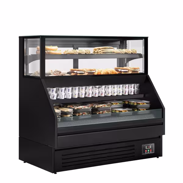 Prodejní/chladicí pult Helsinki - 1500x800x1395 mm - 251 l - Barva černá - s 2 skleněnými dveřmi - s 4 policemi