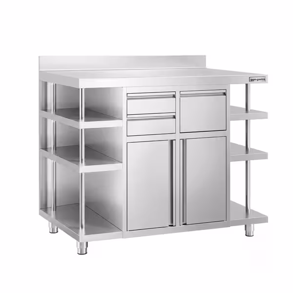 Arbetsskåp – för kaffemaskin – 1400 x 600 mm – med 2 pendeldörrar, 2 lådor, avklappningsanordning, 6 hyllor och upphöjd kant