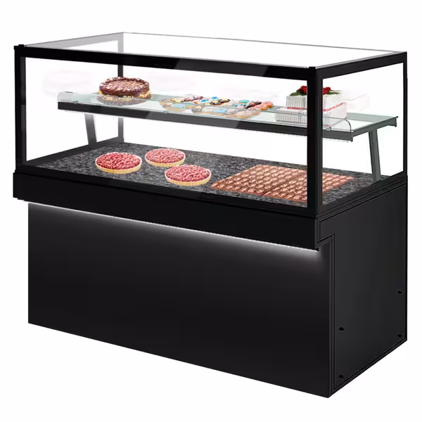 Banco pasticceria TORONTO - 1800x800mm - Colore nero - Doppi vetri - con 2 ripiani - piano di lavoro in granito nero