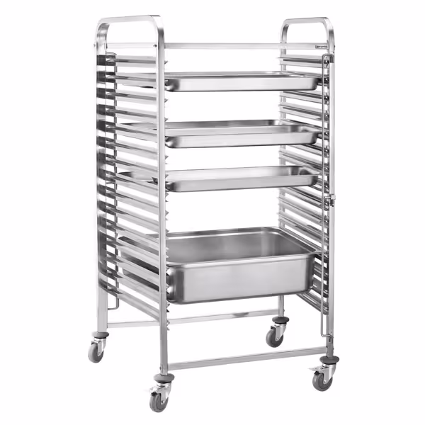 Stainless Steel Gastronorm Racking Trolley - 16-Level - for 16 x GN 2/1 Trays - with low-noise braked castors