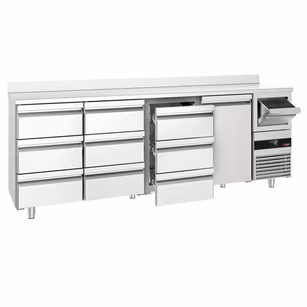 RST-baarikylmäpöytä PREMIUM - 2690x600 mm - 775 l - varustettu: 1 ovi, 9 vetolaatikkoa, takakoroke & kahvin koputin