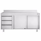 Rozsdamentes acél munkaszekrény PREMIUM - 1800x600 mm - tolóajtós, 3 fiókos – bal oldali fiókblokk, 2 ajtós – hátsó felhajtással