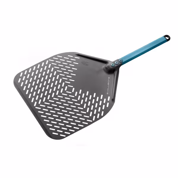 Rechthoekige pizzaschep EVOLUZIONE - Aluminium - Hard geanodiseerd aluminium - 300x300mm - Lengte:93cm - geperforeerd - speciale S.H.A. anodisatie - Aluminium steel