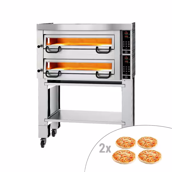 Elektrische pizzaoven (chamotte bakvloer) - 1130x1010x2070mm - 2 kamers - 2x4 pizza’s Ø34cm - tot 450°C - Digitaal - incl. afzuigkap, onderstel & wielenset