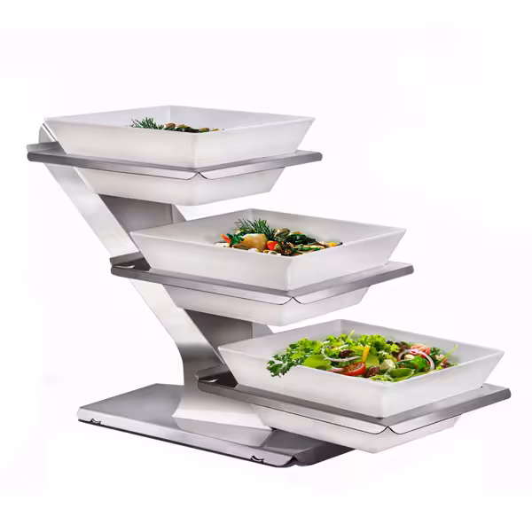 Buffetstandaard - RVS, hoogglans chroom - 3-laags - 300x300mm - Hoogte: 480mm - incl. 3 melamine schalen 300x300mm