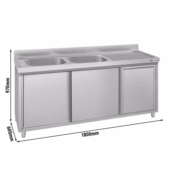 Rozsdamentes acél mosogató szekrény ECO - 1800x600 mm - tolóajtóval - beépített hulladéktárolóval - 2 medence - bal oldali medence