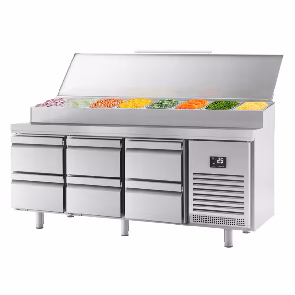 Commercial Saladette Prep Counter - 1960x700mm - with 1 Door & 6 Drawers - for 1x GN 1/2 & 9x GN 1/3