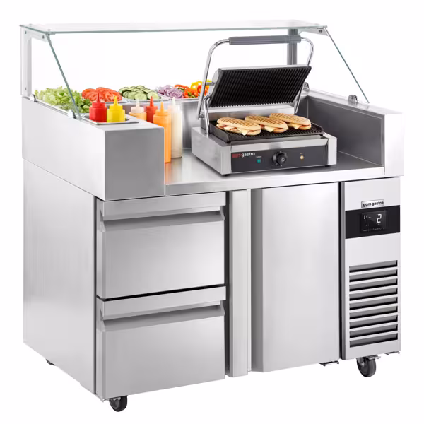 Saladette refrigerata professionale - 1210x700mm - 1 porta e 2 cassetti - per 9x GN 1/6 vaschette - incl. griglia a contatto
