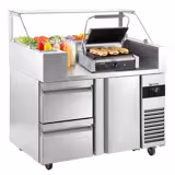 Mesa saladette de preparación Compacta - 1210x700mm - con 1 puerta y 2 cajones - para 9x GN 1/6 - incl. parrilla digital de contacto & expositor de cristal