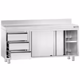 Mesa armario inox PREMIUM & con peto - 1800x600mm - con estante intermedio - con 3 cajones izquierda