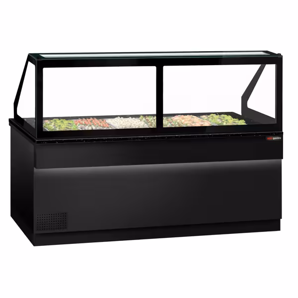 Commercial Saladette Counter TORONTO - 2550mm - Black Front - 4 doors - with square glass canopy for 6 x GN 1/1 & 1 shelf - black granite worktop