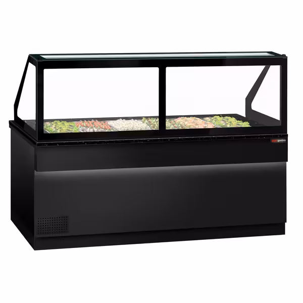 Kylbänk med kylränna TORONTO - 2 550 mm - 1 680 l - svart front - 4 dörrar - med hög glasöverbyggnad för 6x GN 1/1 - svart granitskiva