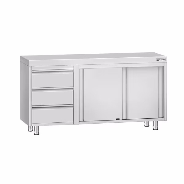 Gesloten RVS werktafel KOPENHAGEN ECO - 1400x600mm - met 2 schuifdeuren, 3 laden links
