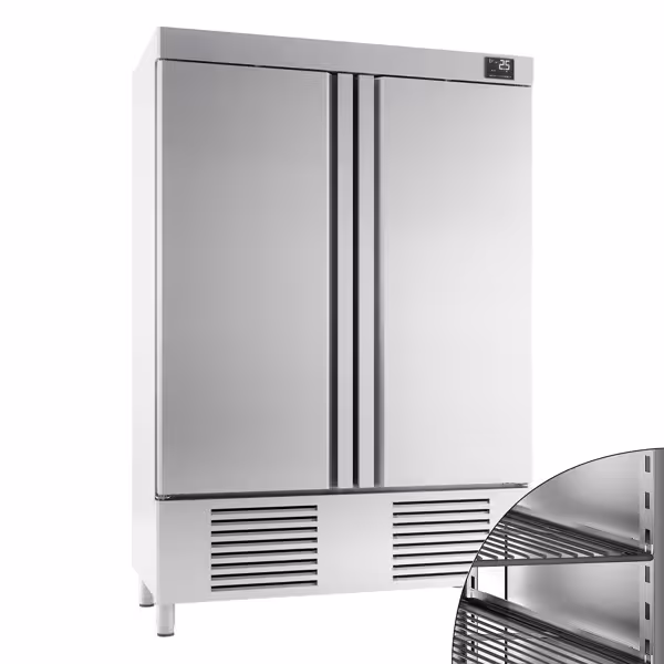 Koelkast RVS PREMIUM PLUS - GN 1/1 - 1385mm - 1110liter - tot +8°C - met 2 deuren - geforceerde koeling, automatische ontdooiing, LED‑verlichting & legroosters