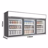 Expositor mural de congelação para supermercado - 2100mm - 346L - com 3 portas de vidro & 6 prateleiras - Cinza
