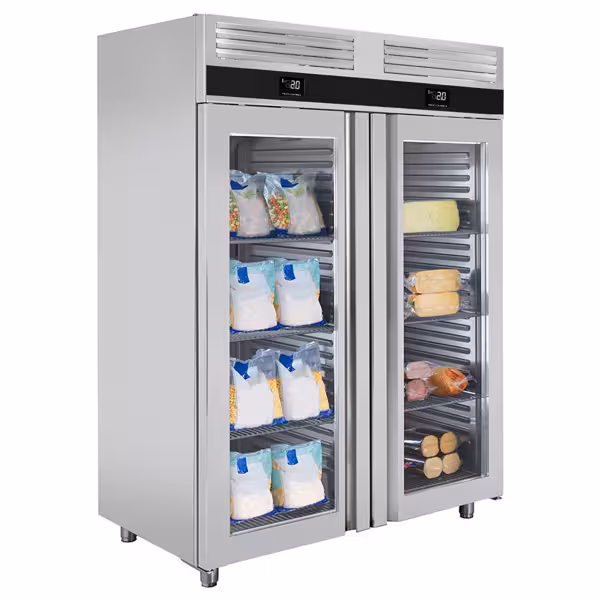 Kombinacija hladnjaka i zamrzivača nehrđajući čelik (inox) PREMIUM - GN 2/1 - 1400 l - od -25 °C do +8 °C - s 2 vrata - ventilirano hlađenje, automatsko odmrzavanje, LED rasvjeta, letvice i potporne rešetke - 1400 mm