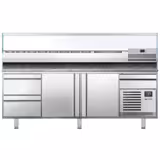 Commercial Pizza Prep Counter - Granite Top PREMIUM PLUS - 3305x800mm - with 3 doors & 3 drawers - incl. refrigerated topping unit with glass sneeze guard - 10x GN 1/3