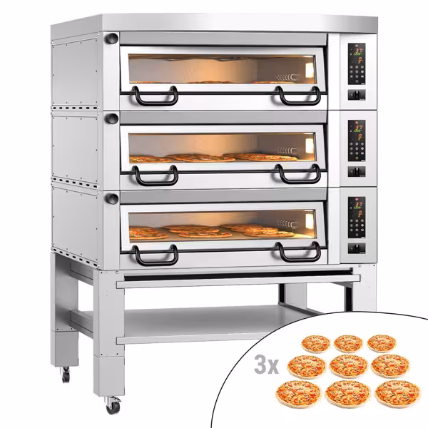 (3 szt.) Elektryczny Piec do pizzy - 3 x 9 x Ø34cm - Panel dotykowy - z okapem i ramą nośną